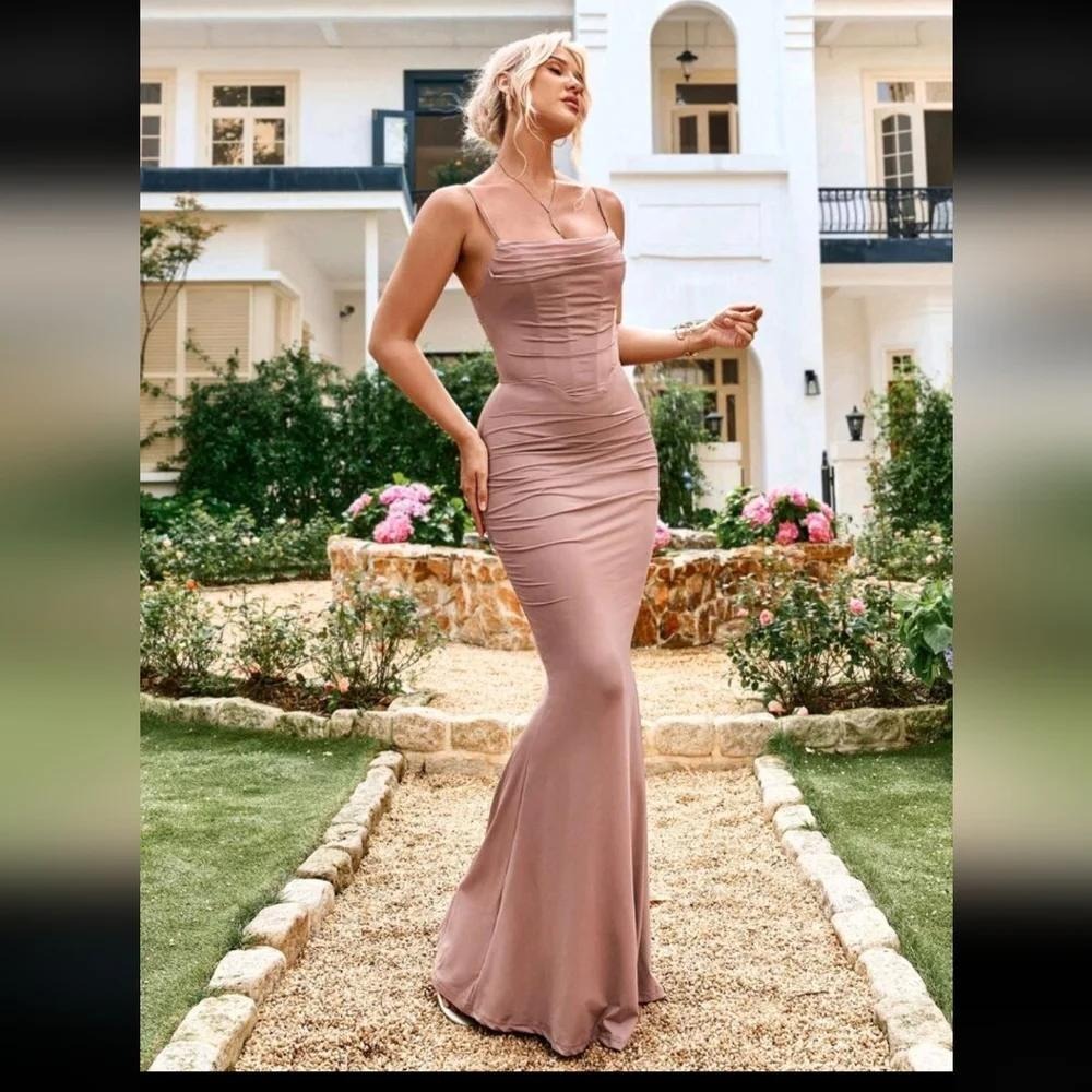 Parthea Ruched Cowl Neck Maxi Dress Mauve Pink Bodycon Mermaid Gown S Formal